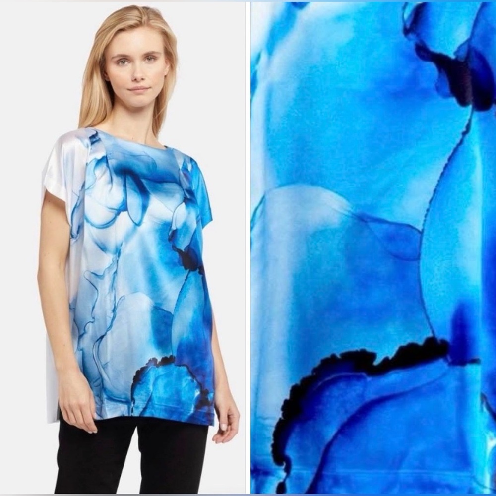 ESCADA luxury oversized silk cotton blouse white blue L/XL.